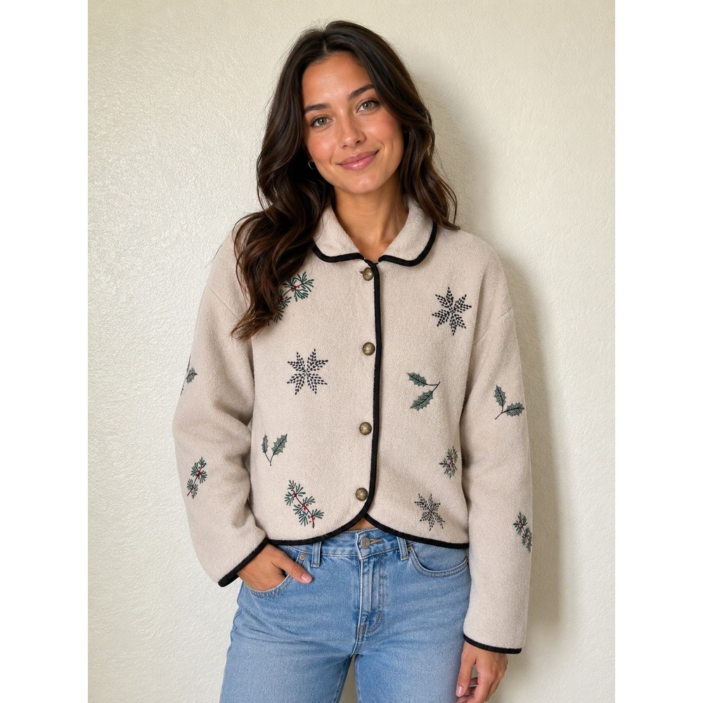 Vintage Talbots Fleece Embroidered Jacket Western Boho Cottagecore Prairie Indie